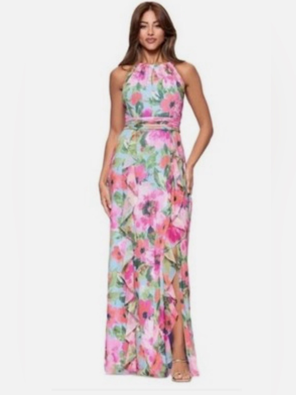 Xscape Floral Chiffon Halter Maxi Dress SZ 8 Petite Pink Blue Ruffle Gown